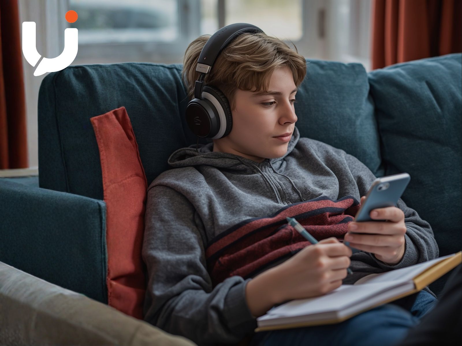 Una persona joven aprendiendo asturiano de forma relajada, con auriculares y el móvil, en un ambiente cálido y actual.