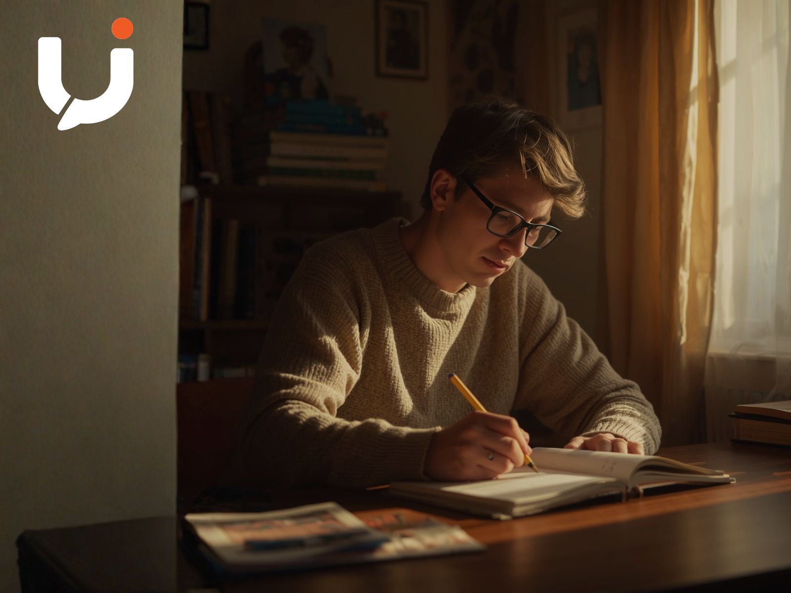 Persona estudiando asturiano con un cuaderno de apuntes y un libro abierto, en un ambiente de luz cálida.