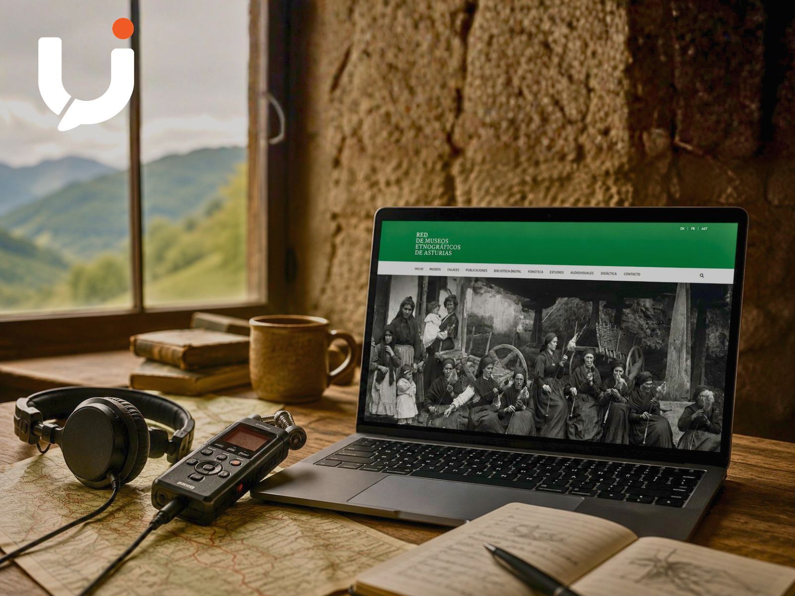 Grabadora de campo, auriculares y mapa sobre una mesa, con un portátil mostrando la web del Atlas Sonoru